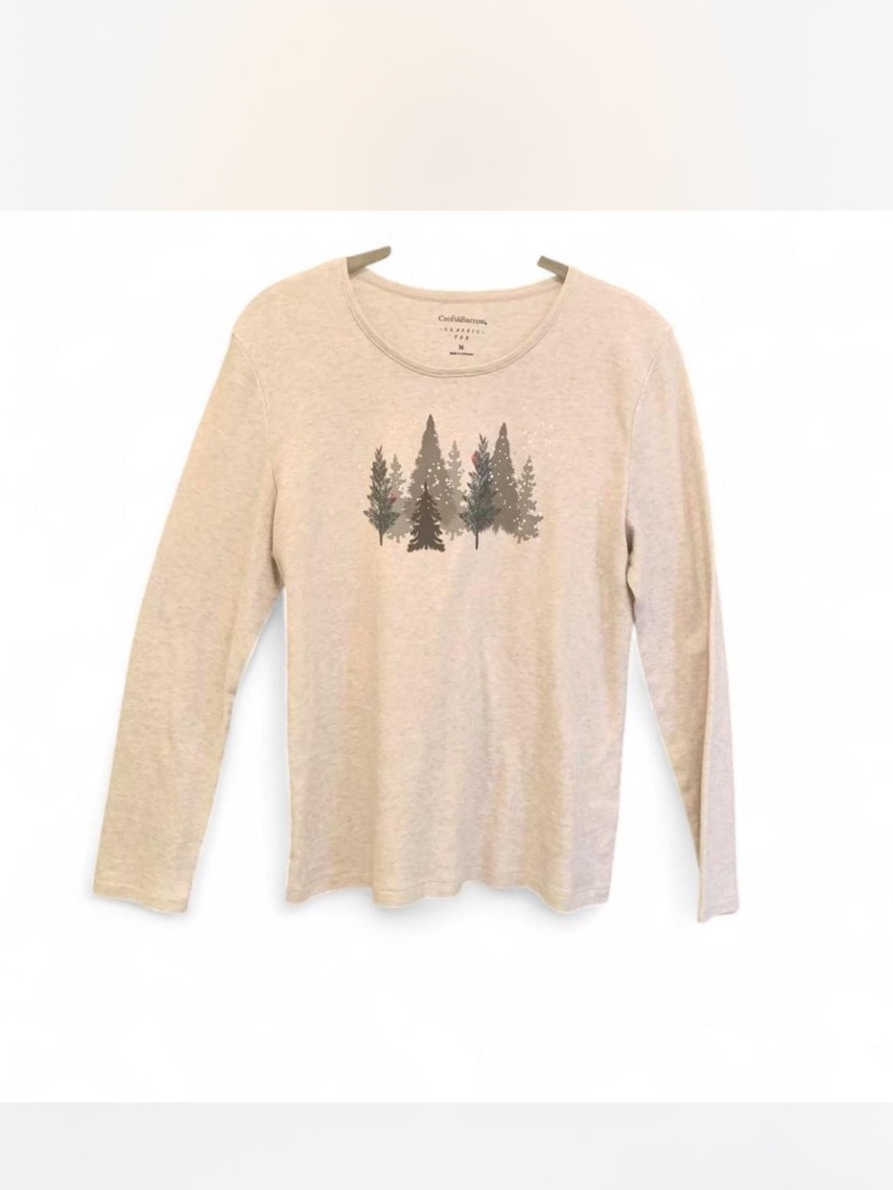 croft & barrow heathered Cream/Gray  Long-Sleeve Top with Forest Tree Print M
